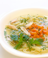 Image showing Chicken soup with spaghetti