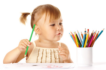 Image showing Cute child play with color pencils