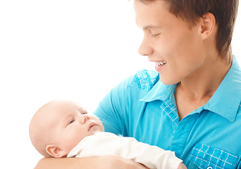 Image showing Happy father holds his little child