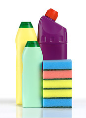 Image showing Cleaning liquids and sponges