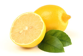 Image showing Two lemons with leaves