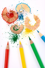 Image showing Color crayons with shavings