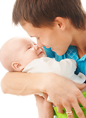 Image showing Happy father holds his little child