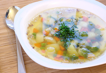 Image showing Vegetable soup with brussels and pea