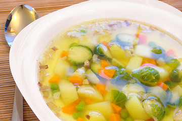 Image showing Vegetable soup with brussels and pea