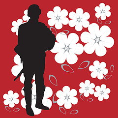 Image showing Soldier silhouette on bright red and powerful background 