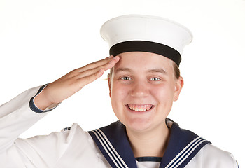 Image showing young sailor saluting isolated white background