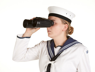 Image showing young sailor with binoculars isolated white background