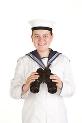 Image showing young sailor with binoculars isolated white background