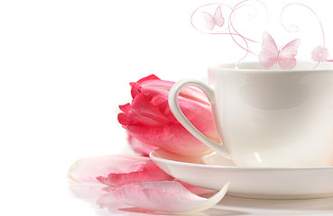 Image showing Porcelain teacup with pink tulips on white