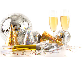 Image showing Champagne glasses and disco ball