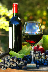 Image showing Glass of red wine with bottle and grapes