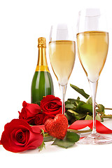 Image showing Champagne glasses with red roses and little heart