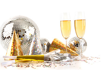 Image showing Champagne glasses and disco ball