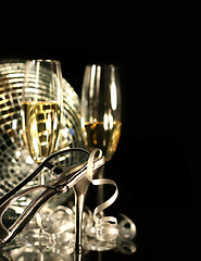 Image showing Silver party shoe with glasses of champagne 