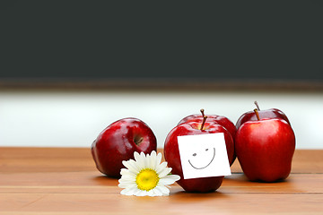 Image showing Delicious red apples on desk with blackboard 