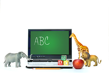 Image showing Laptop on desk with toy animals and apple