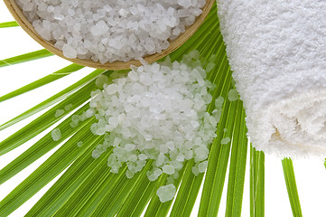 Image showing bath salt and palm leaf