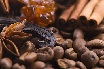 Image showing aroma coffe. ingredients. coffe beens, anise, vanilla, cinnamon,