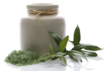 Image showing fresh olive branch and bath salt. spa