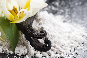 Image showing vanilla beans with aromatic sugar and flower