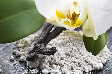 Image showing vanilla beans with aromatic sugar and flower