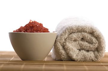 Image showing bath salt and towel. red and white