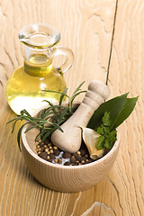 Image showing Mortar and pestle, with fresh-picked herbs