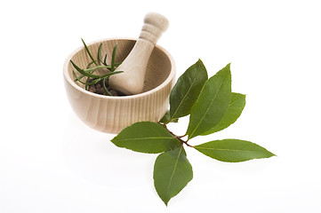 Image showing Mortar and pestle, with fresh-picked herbs