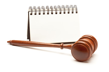 Image showing Blank Spiral Note Pad and Gavel on White.