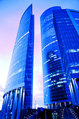 Image showing evening view of skyscrapers and rose sky