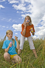 Image showing Childrem blowing bubbles