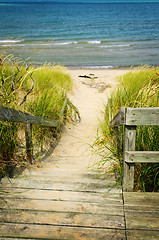 Image showing Wooden stairs over dunes at beach