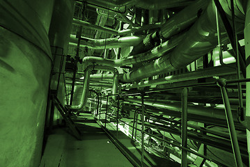 Image showing Pipes, tubes, machinery and steam turbine at a power plant
