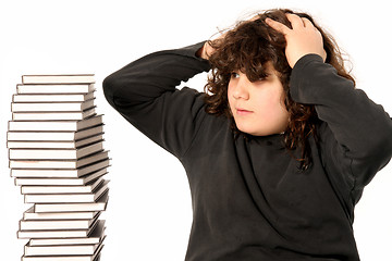 Image showing boy surprised and many books