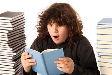 Image showing boy surprised and many books