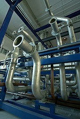 Image showing Pipes, tubes, machinery and steam turbine at a power plant