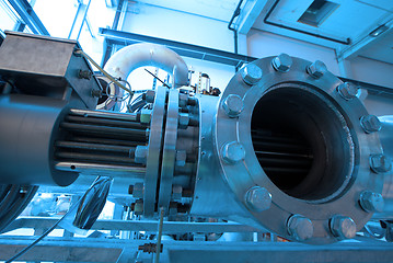 Image showing Pipes, tubes, machinery and steam turbine at a power plant