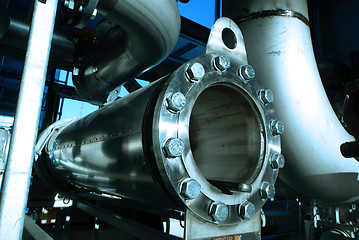 Image showing Pipes, tubes, machinery and steam turbine at a power plant