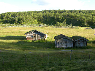 Image showing Old houses with grass roof