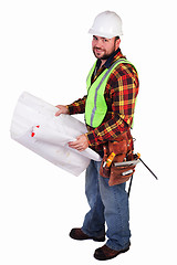 Image showing Friendly Construction Worker with Blueprints