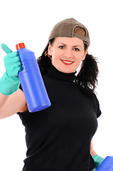 Image showing woman with red and blue bottle