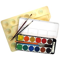 Image showing Painting color palette and brushes