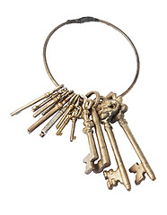 Image showing Old keychain with many keys isolated with path
