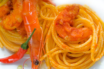 Image showing pasta and spicy shrimps