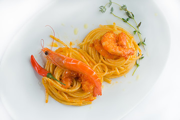 Image showing pasta and spicy shrimps