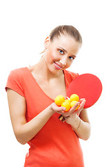 Image showing Happy woman with ping pong racquet smile