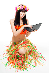 Image showing Native woman in bikini with laptop