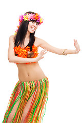 Image showing Woman dancing in costume made of flowers