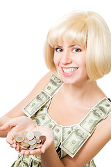 Image showing Happy blond woman with hollow of coins